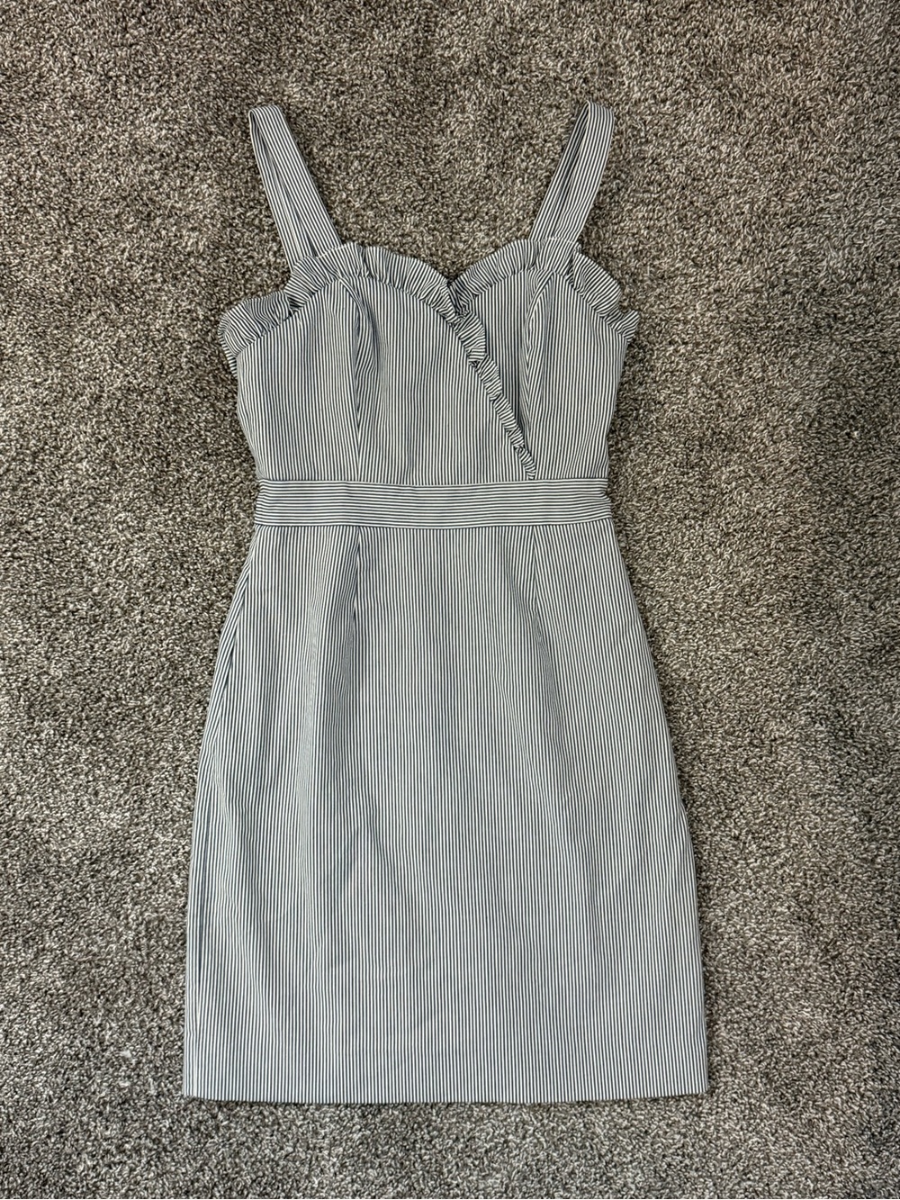 Striped Navy and White Seersucker Ruffled Sweetheart Midi Dress with Pockets
